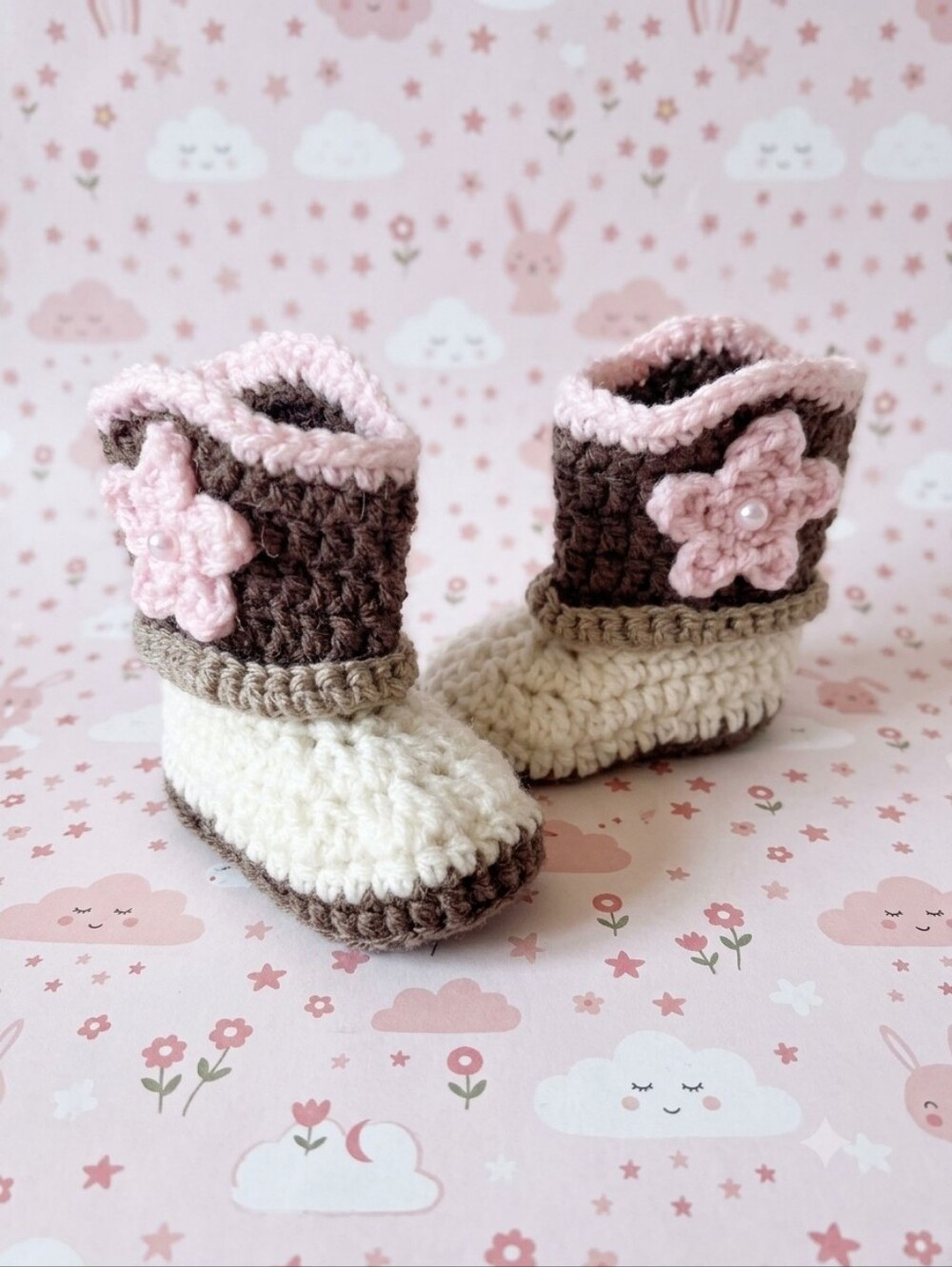 Handmade Crochet Baby Pink, Cream And Brown Cowgirl Booties 0-3 Months